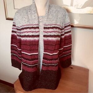 Alfred Dunner Women's XL Wool Blend‎ Gray Red Striped Cardigan Look Knit Sweater